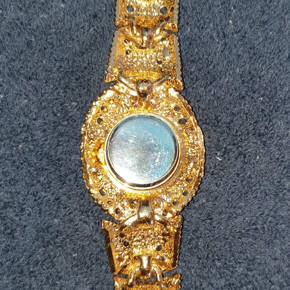 Vintage Jeweled Abalone Rhinestone & Tiger Eye Gold-Plated Japan Quartz Watch - Picture 8 of 16